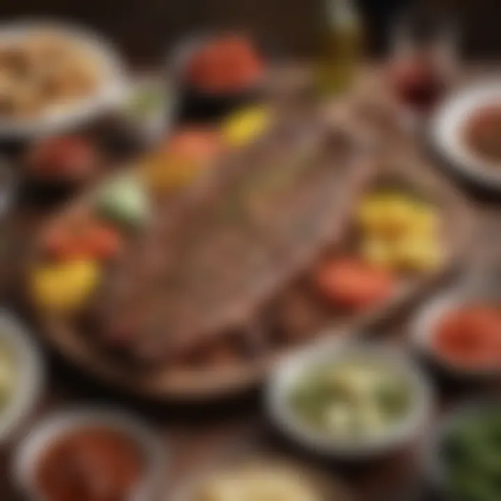 A platter of churrasco steak served alongside traditional sides, highlighting its cultural roots.