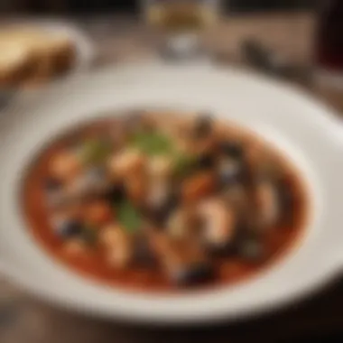 Cozy Restaurant with Plated Cioppino A cozy restaurant setting featuring a beautifully plated cioppino dish