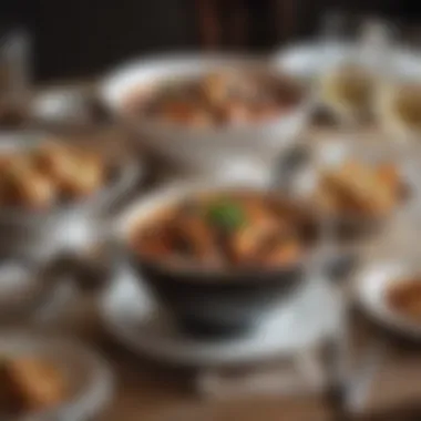 A stylish table setting enjoying a bowl of cioppino with a glass of white wine