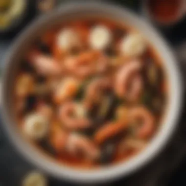 Vibrant Seafood Bowl of Cioppino A close-up view of a bowl of cioppino showcasing vibrant seafood and rich broth