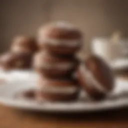 A close-up of cocoa whoopie pies stacked elegantly on a plate