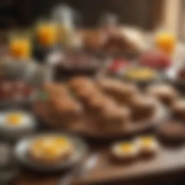 A beautifully set breakfast table featuring country sausage patties, eggs, and toast.