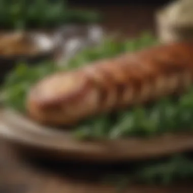 An elegant culinary presentation of country sausage patties on a decorative plate, garnished with fresh greens.