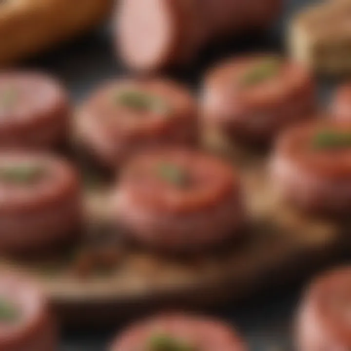 A close-up of raw country sausage patties with a variety of seasonings and ingredients scattered around.