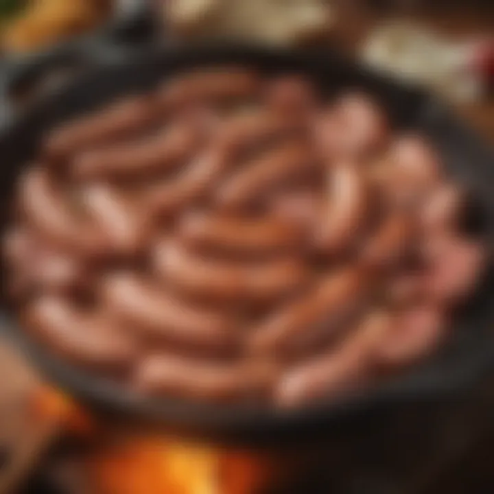 Sizzling turkey kielbasa in a skillet