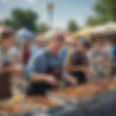 A bustling scene of fair attendees enjoying their culinary adventures