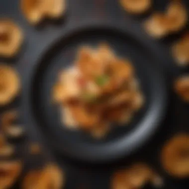 A creative dish featuring chicken skin crisps as a garnish on a main course