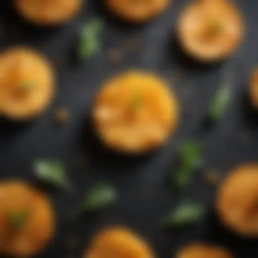 A vibrant plate of golden chicken skin crisps garnished with herbs