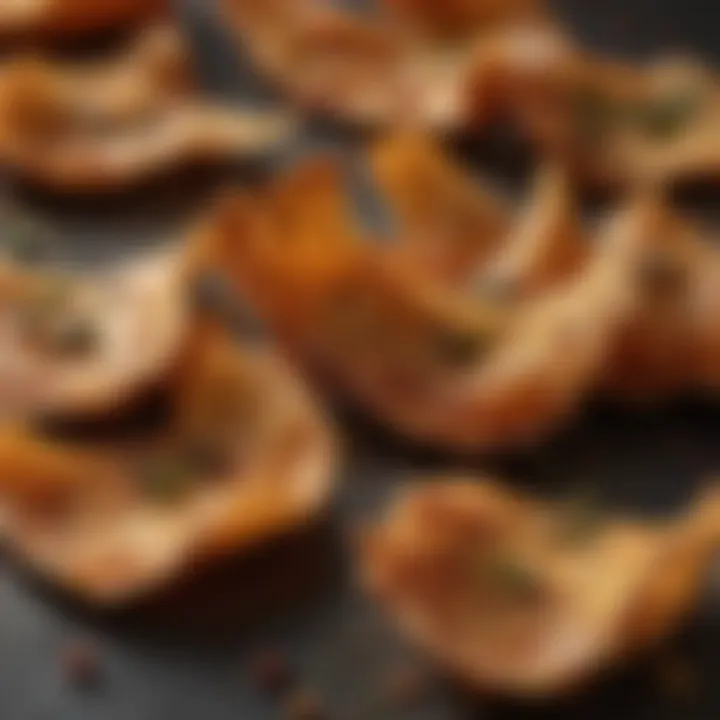 An artistic arrangement of chicken skin crisps topped with various spices