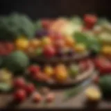 A vibrant assortment of high-fiber fruits and vegetables displayed on a rustic table.