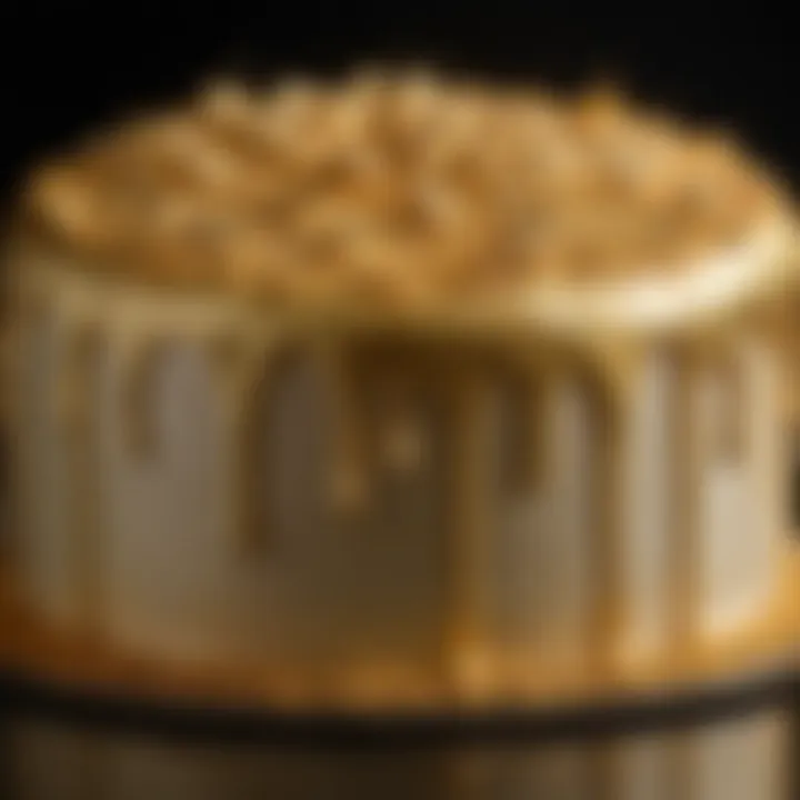 Close-up of gold luster dust being applied to cake, highlighting its shimmery texture and effect