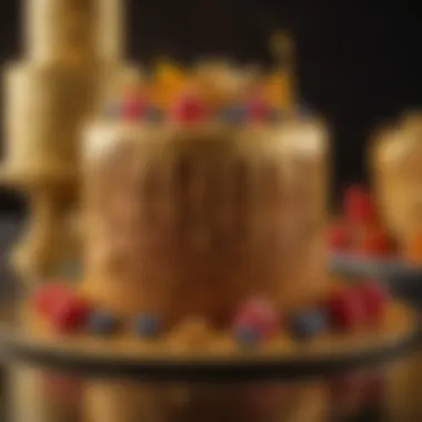 A vibrant cake display featuring various styles of decoration enhanced with gold luster dust