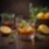 A glass of rum accompanied by fresh herbs and citrus fruits