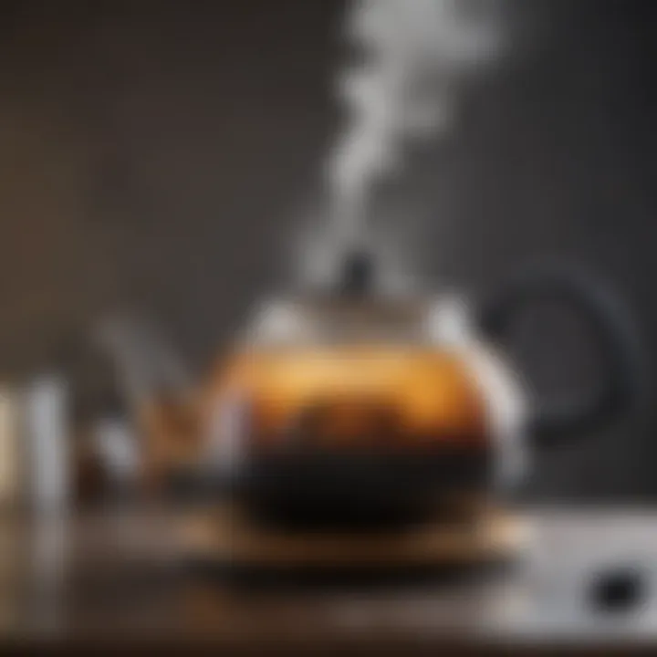 Close-up of boiling water inside a small electric teapot