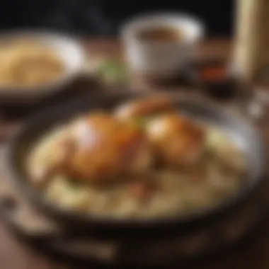 A traditional chicken and rice dish served in a rustic setting