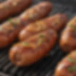 A close-up of sizzling Farmer John hot links on a grill, showcasing their tantalizing texture and color.