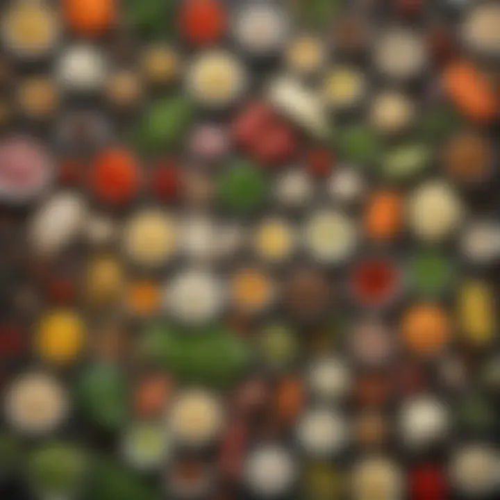 A close-up of various ingredients for fat-free dressings arranged artistically