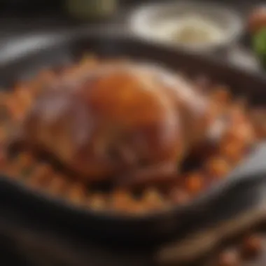 Close-up of a perfectly roasted dish made in a covered pan