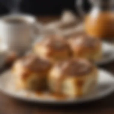 An enticing view of flavored cinnamon rolls being served alongside a steaming cup of coffee