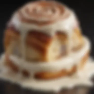 A close-up of a decadent flavored cinnamon roll topped with cream cheese icing