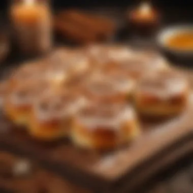 An artistic display of various flavored cinnamon rolls on a rustic wooden table