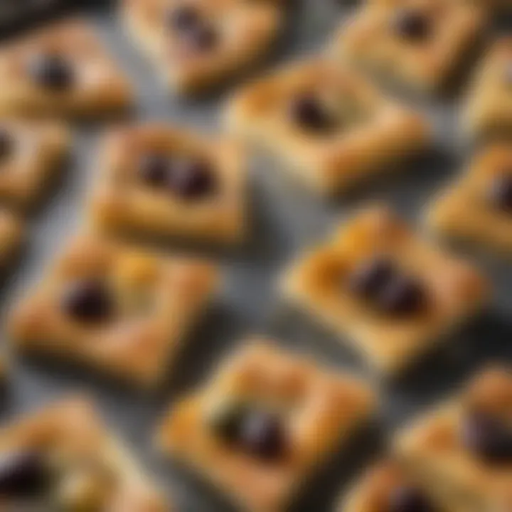 Close-up of focaccia crisps topped with olives and sea salt.