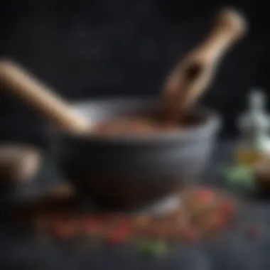 A mortar and pestle with black pepper and herbs, symbolizing flavor infusion