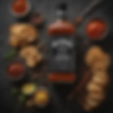 Ingredients used in a recipe featuring Fridays Jack Daniel's Sauce, arranged artistically