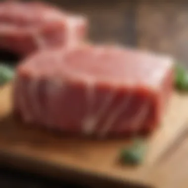 A close-up of raw gammon steak on a wooden cutting board