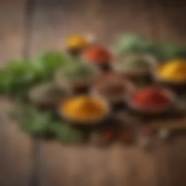 A collection of flavor-enhancing herbs and spices displayed on a rustic wooden table, emphasizing natural ingredients.