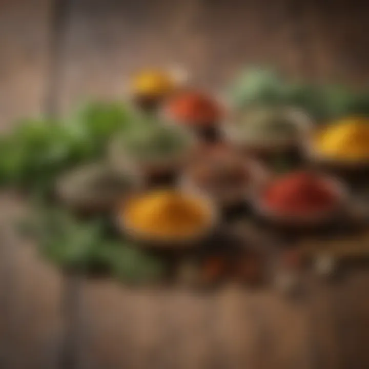 A collection of flavor-enhancing herbs and spices displayed on a rustic wooden table, emphasizing natural ingredients.