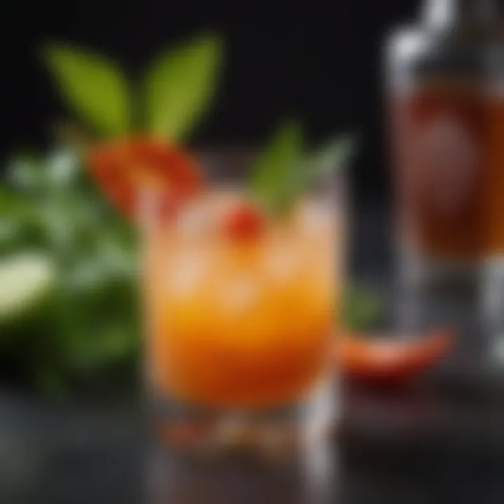 Close-up of a habanero tequila cocktail garnished with fresh herbs
