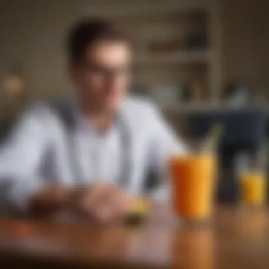 A busy professional enjoying a health drink while working at a desk.