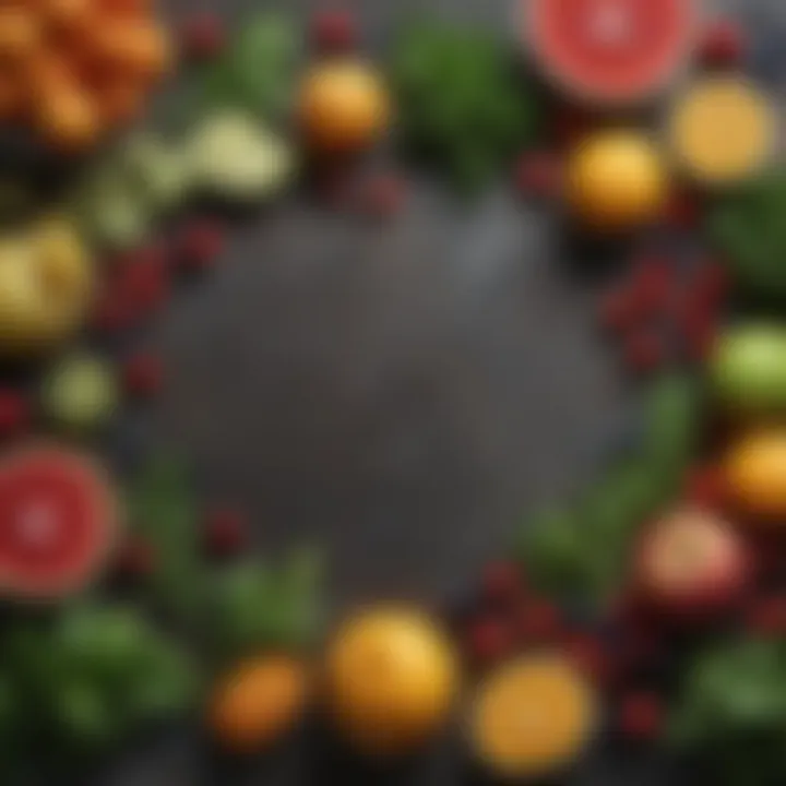 Fresh fruits and greens arranged artistically on a table.