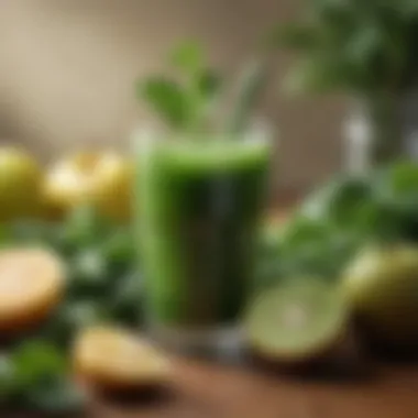 A close-up of a glass of green juice filled with leafy greens and fruits, emphasizing the health benefits of vegetable-based drinks.