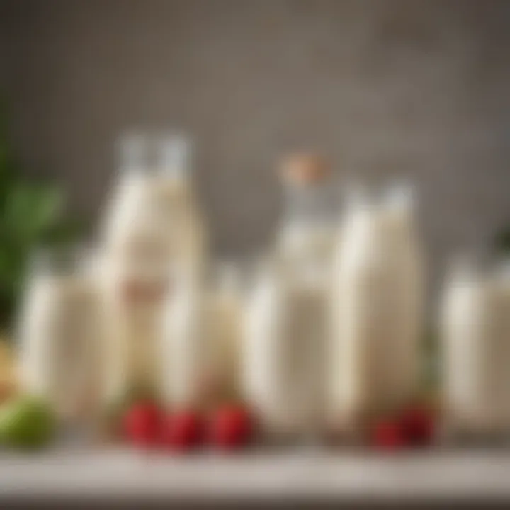 An array of plant-based milk options in glass containers, reflecting the diversity of nutritious milk alternatives for breakfast.