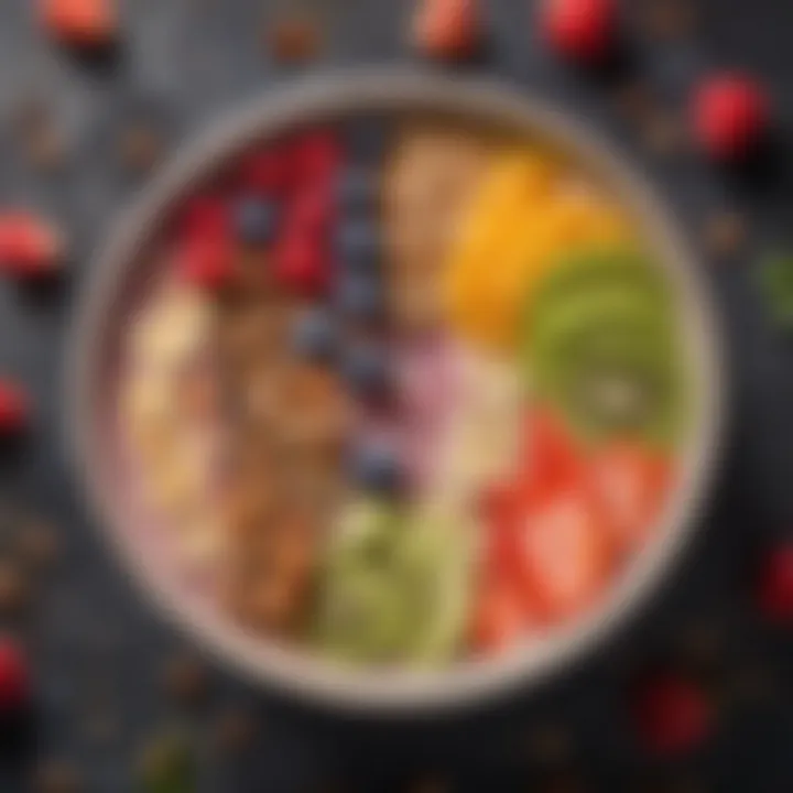 A vibrant smoothie bowl garnished with fresh fruits and seeds, showcasing a colorful and nutritious breakfast option.