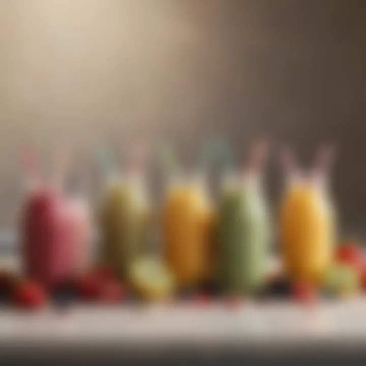 A neatly arranged collection of premade smoothie bottles on a kitchen counter