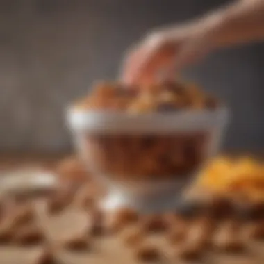 A hand reaching for a bowl of assorted nuts and dried fruits