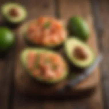 A close-up of avocado and salmon on a rustic wooden table.