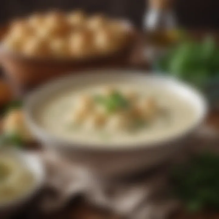 An elegant bowl of creamy cauliflower soup garnished with herbs.