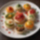 An elegant platter of assorted hors d'oeuvres featuring vibrant colors and textures.