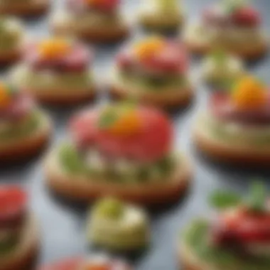 A close-up of gourmet hors d'oeuvres showcasing intricate garnishing and presentation.