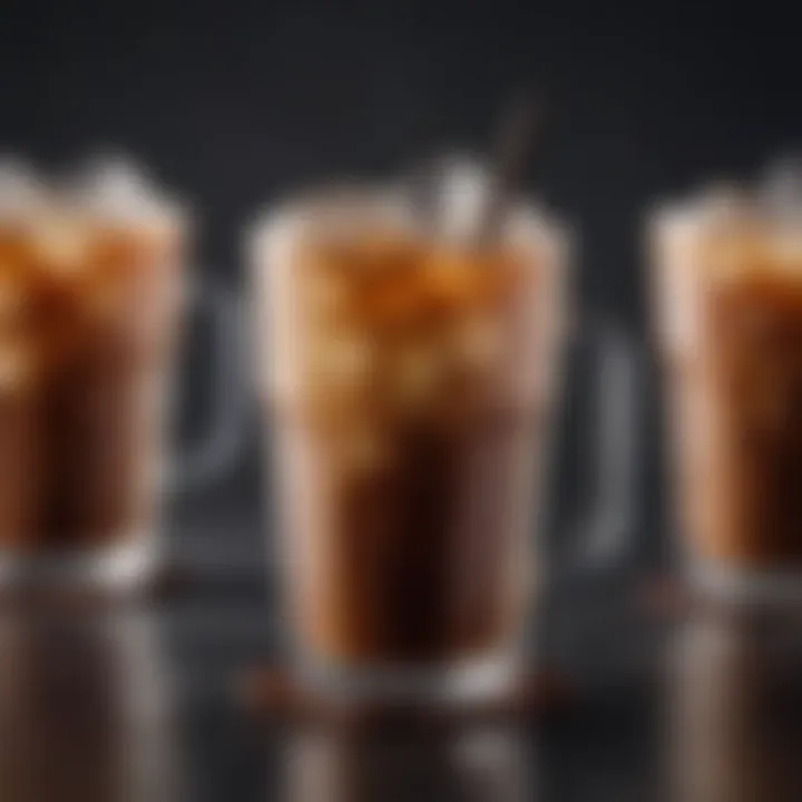 Close-up of freshly brewed iced coffee with ice cubes.