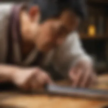Masterful Craftsmanship in Knife Making Close-up of a skilled artisan crafting a Japanese knife