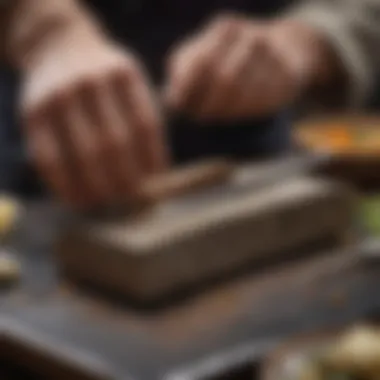 A pristine Japanese knife being sharpened on a traditional whetstone