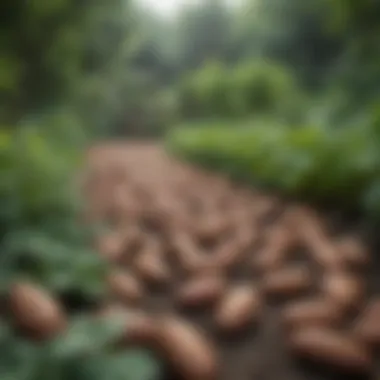 Lush growth of Japanese sweet potatoes in a garden