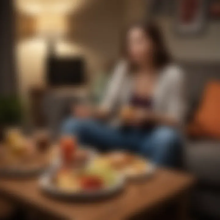 A cozy living room setting with a person enjoying a late-night snack, embodying comfort.