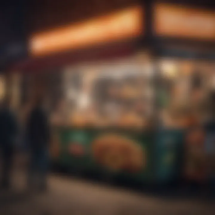 A late-night street food vendor bustling with customers and delicious offerings.