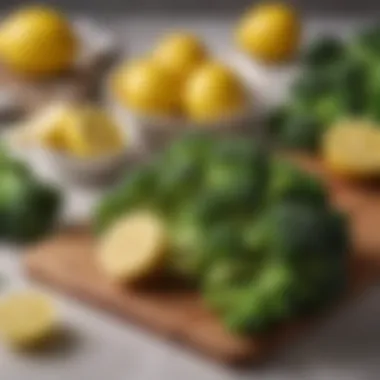 Fresh lemon and broccoli arranged together